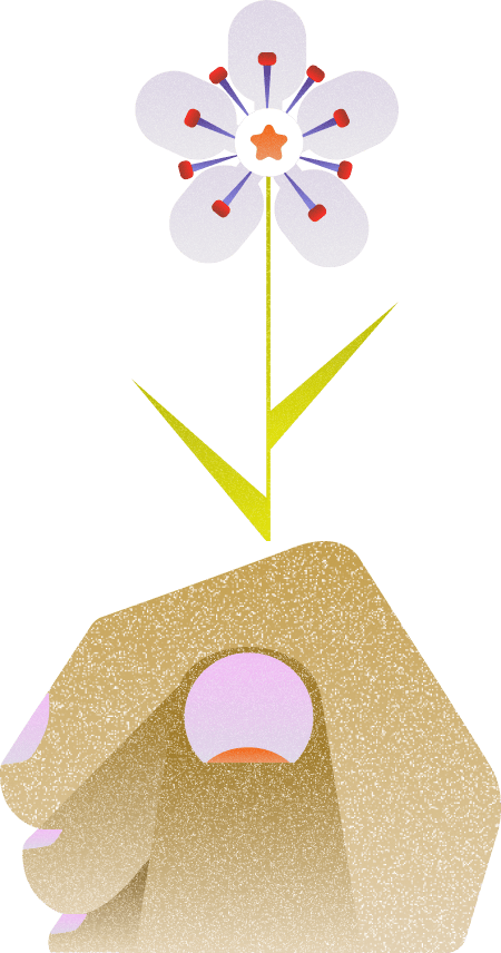 Illustratie van een hand die een bloeiende bloem vasthoudt