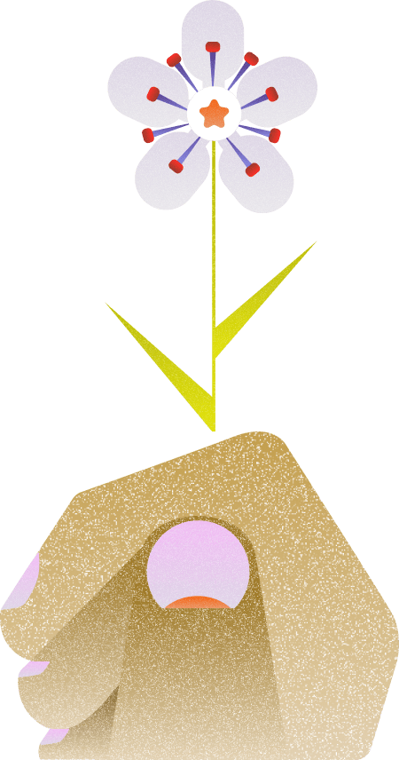 Illustratie van een hand die een bloeiende bloem vasthoudt